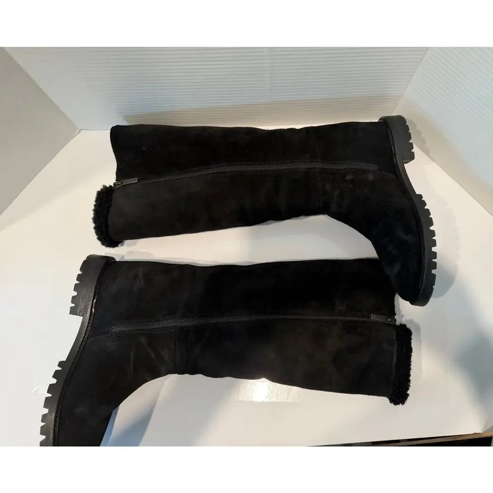 Aquatalia Cheyenne Black Lug Sole Suede Shearling Fur Lined Boots Italy‎ Sz 7M